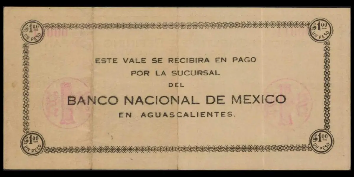 Billete de 1 peso de la Compañia Minera ASARCO en Aguascalientes reverso