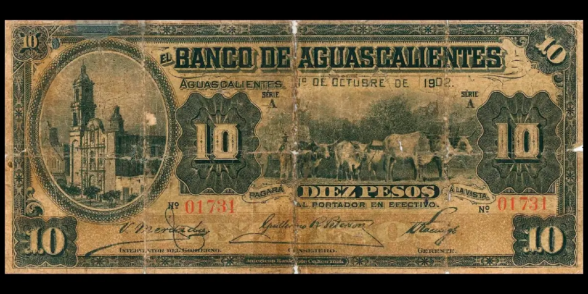 Billete de 10 pesos del Banco de Aguascalientes serie A anverso