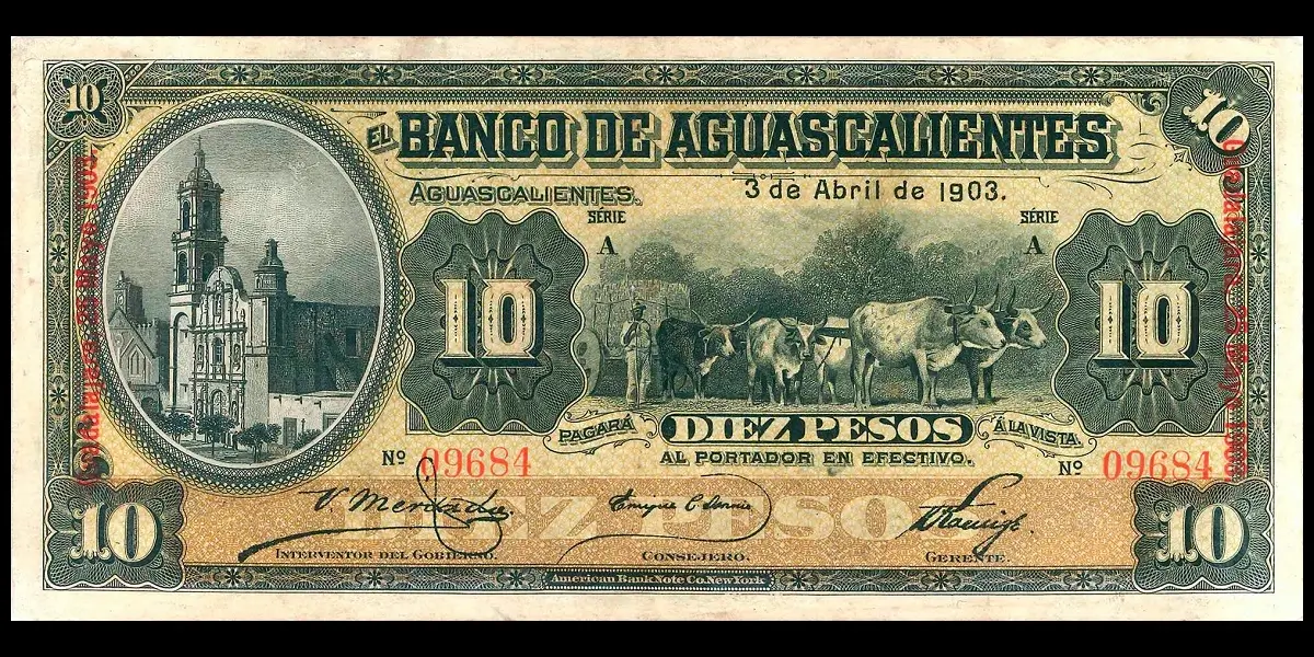 Billete de 10 pesos del Banco de Aguascalientes Serie A con sobreimpresión roja Guadalajara anverso