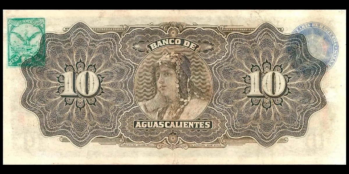 Billete de 10 pesos del Banco de Aguascalientes Serie A con sobreimpresión roja Guadalajara reverso