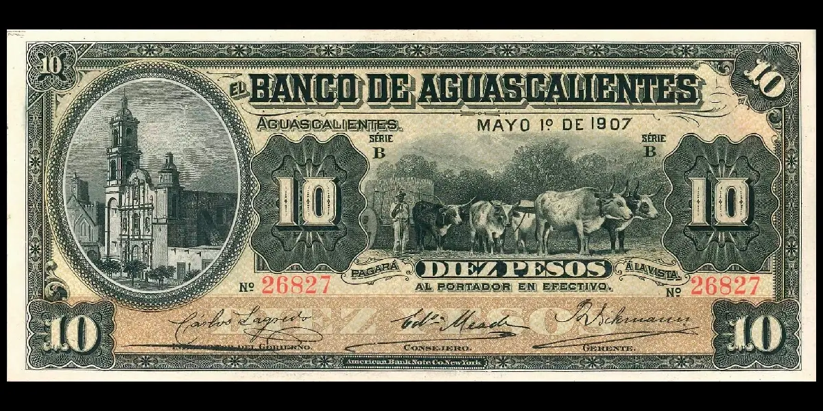 Billete de 10 pesos del Banco de Aguascalientes Serie B anverso