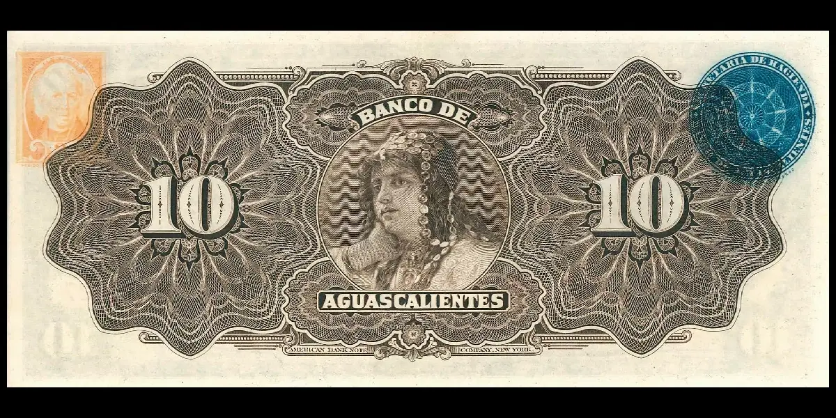 Billete de 10 pesos del Banco de Aguascalientes Serie B reverso