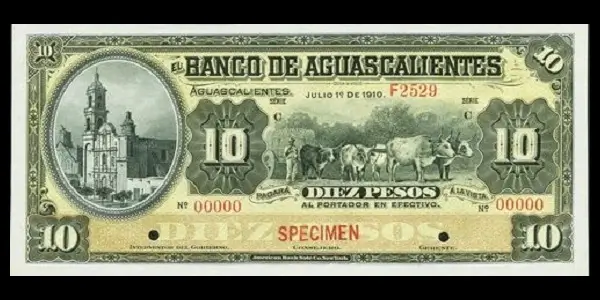 Billete de 10 pesos del Banco de Aguascalientes Serie C especimen anverso