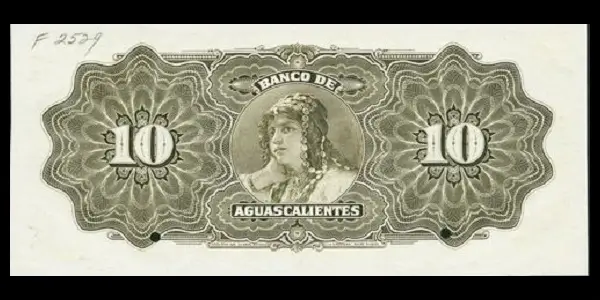 Billete de 10 pesos del Banco de Aguascalientes Serie C especimen reverso