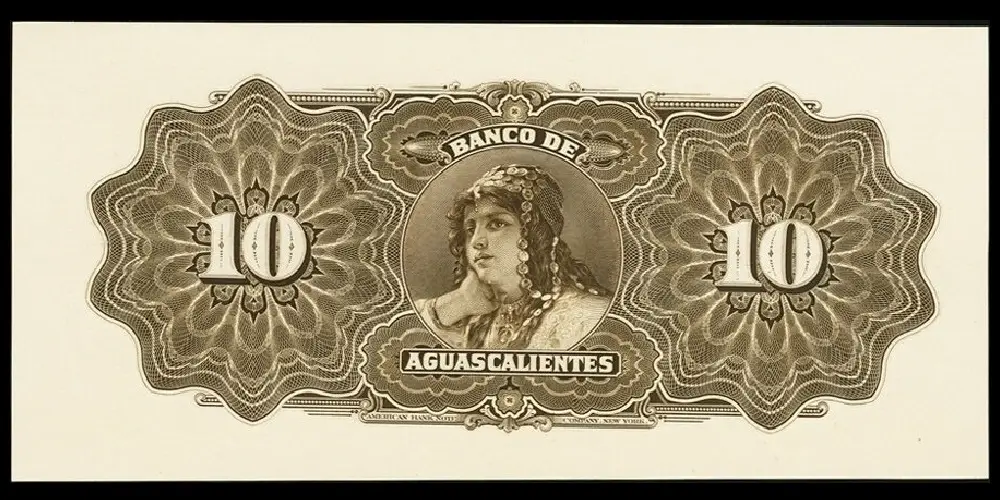 Billete de 10 pesos del Banco de Aguascalientes de prueba unifacial a color reverso