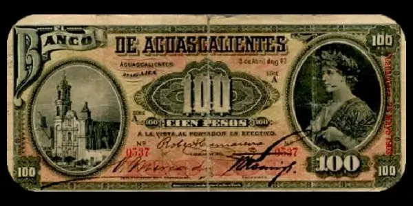 Billete de 100 pesos del Banco de Aguascalientes Serie A con sobreimpresión roja Guadalajara anverso
