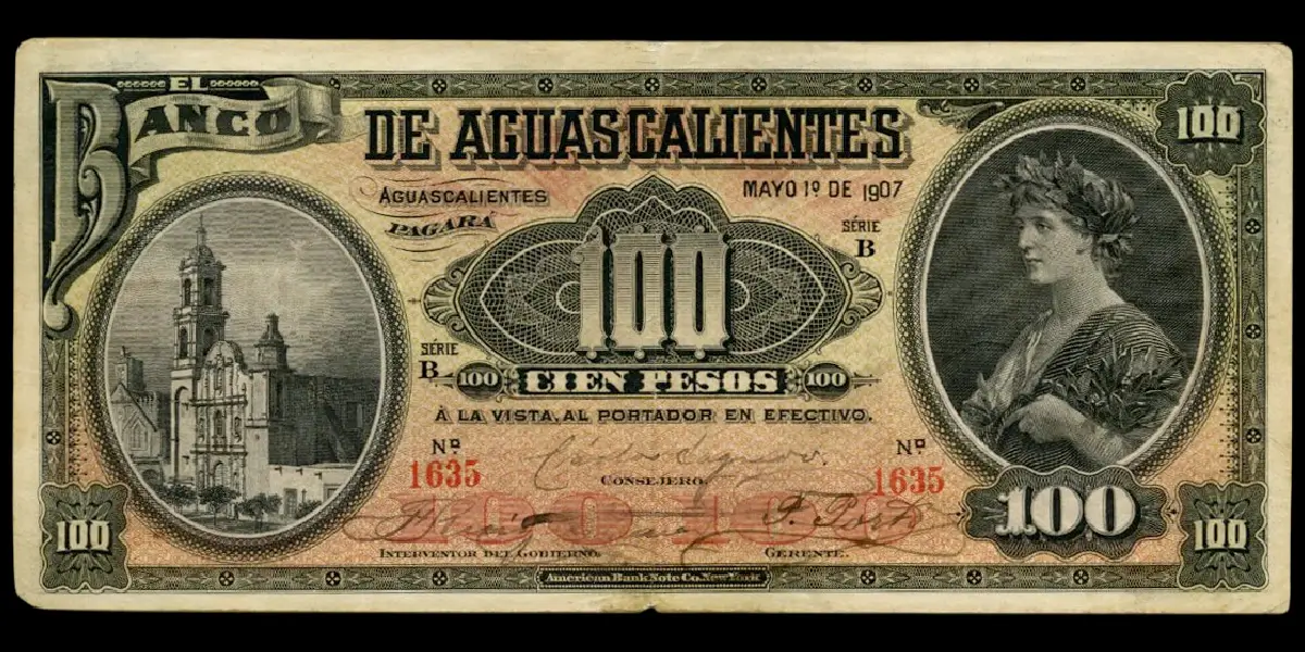 Billete de 100 pesos del Banco de Aguascalientes Serie B anverso