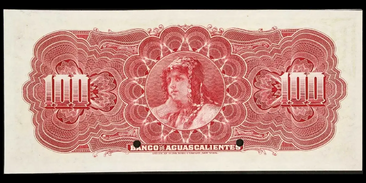 Billete de 100 pesos del Banco de Aguascalientes Serie B especimen reverso