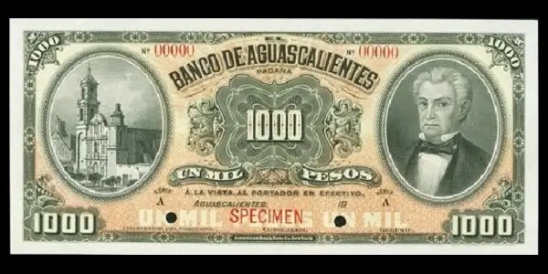 Billete de 1000 pesos del Banco de Aguascalientes Serie A especimen anverso
