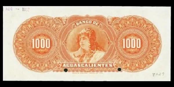 Billete de 1000 pesos del Banco de Aguascalientes Serie A especimen reverso
