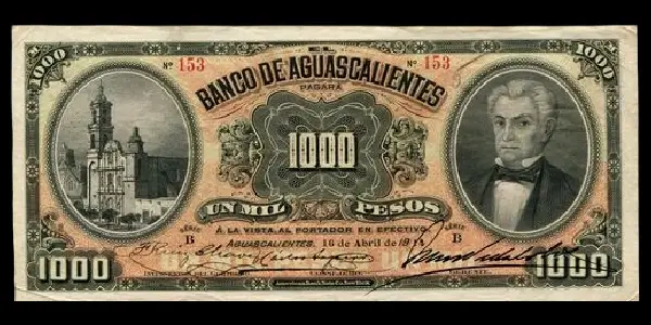 Billete de 1000 pesos del Banco de Aguascalientes Serie B anverso