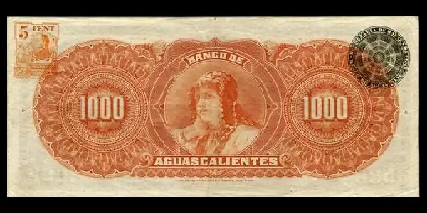 Billete de 1000 pesos del Banco de Aguascalientes Serie B reverso