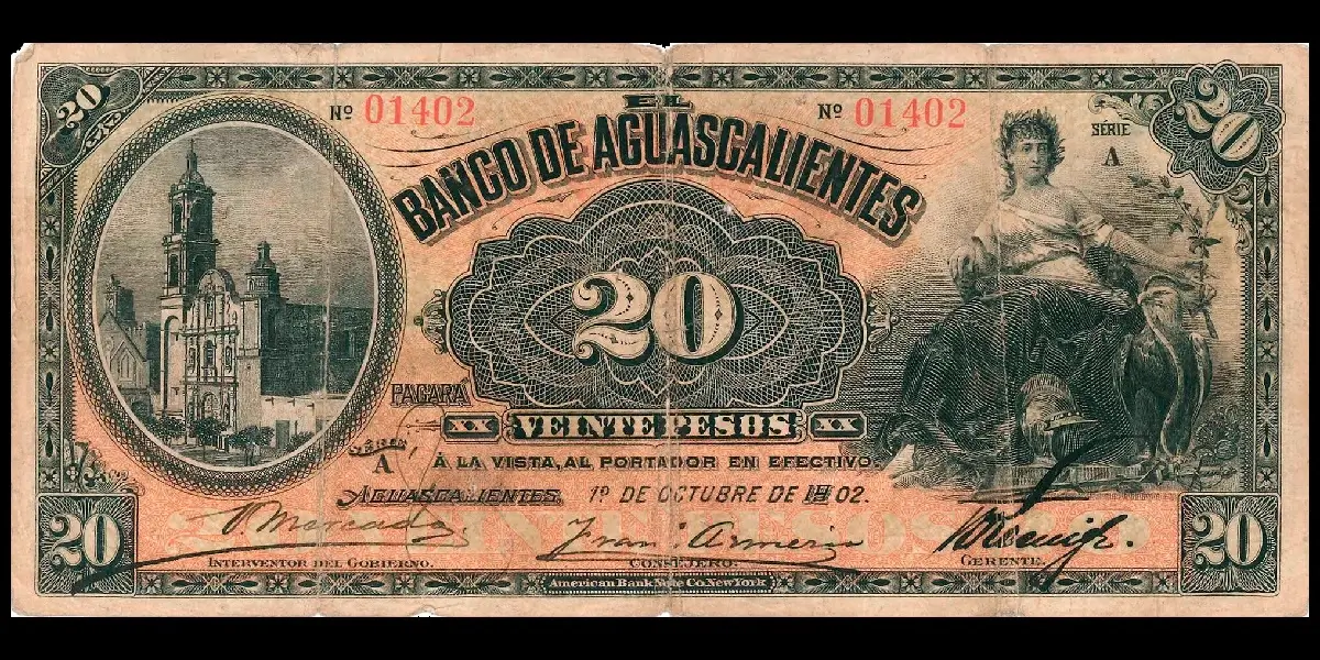 Billete de 20 pesos del Banco de Aguascalientes serie A anverso