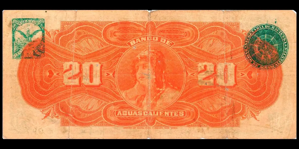 Billete de 20 pesos del Banco de Aguascalientes serie A anverso
