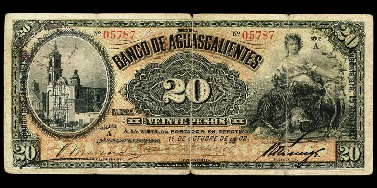 Billete de 20 pesos del Banco de Aguascalientes Serie A con sobreimpresión azul Guadalajara anverso