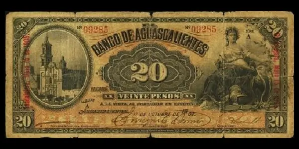 Billete de 20 pesos del Banco de Aguascalientes Serie A con sobreimpresión roja Guadalajara anverso