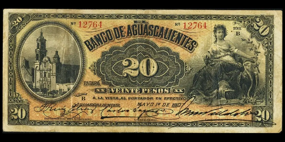 Billete de 20 pesos del Banco de Aguascalientes Serie B anverso