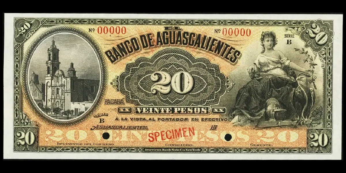 Billete de 20 pesos del Banco de Aguascalientes