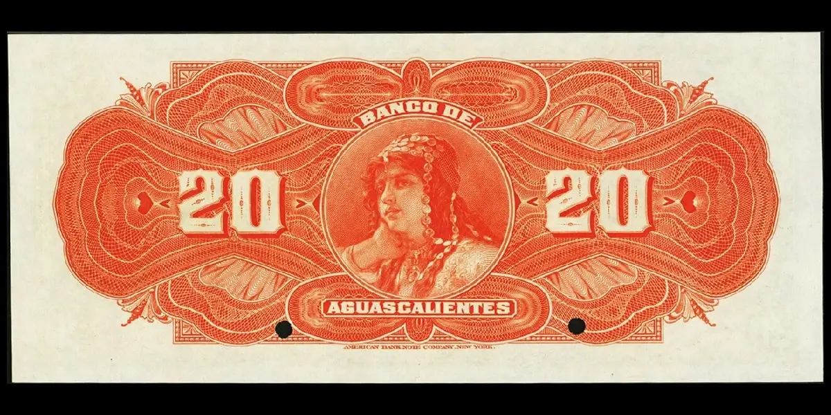 Billete de 20 pesos del Banco de Aguascalientes Serie B especimen reverso