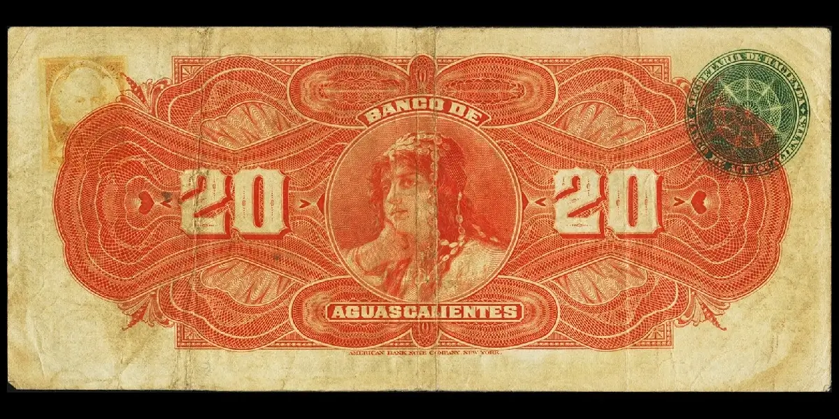 Billete de 20 pesos del Banco de Aguascalientes Serie B reverso