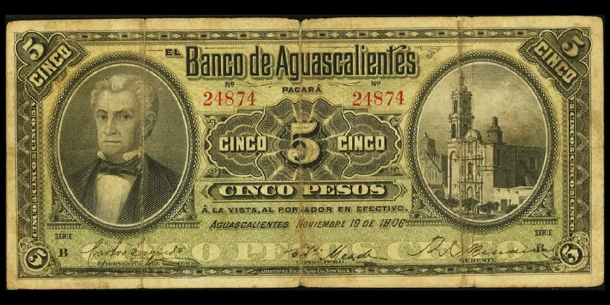 Billete de 5 pesos del Banco de Aguascalientes Serie B anverso