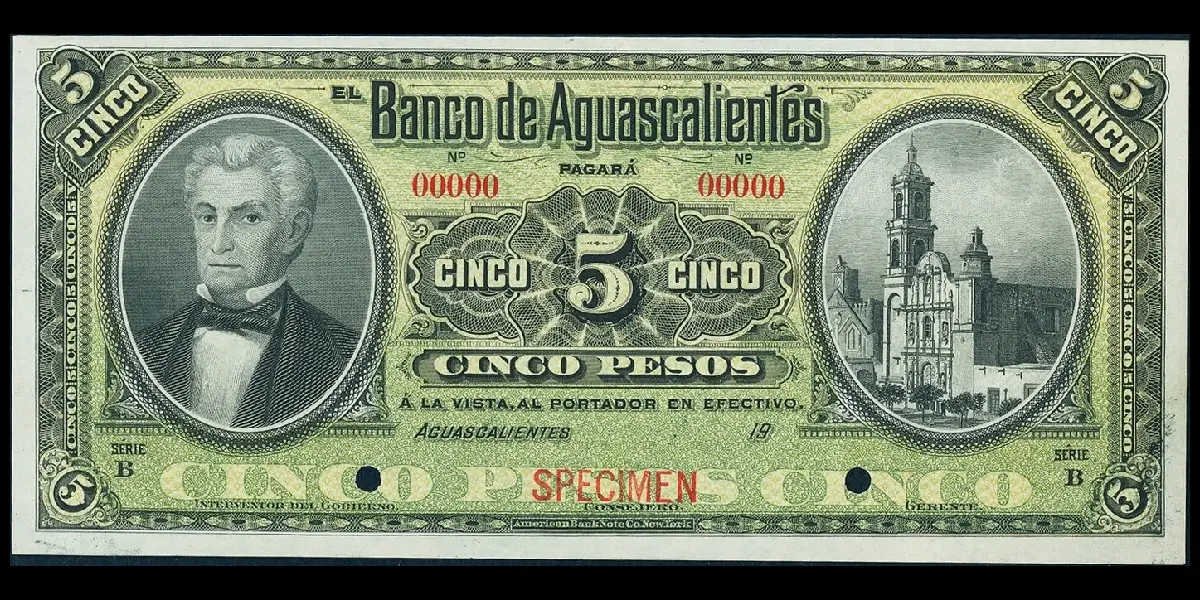 Billete de 5 pesos del Banco de Aguascalientes Serie B especimen anverso