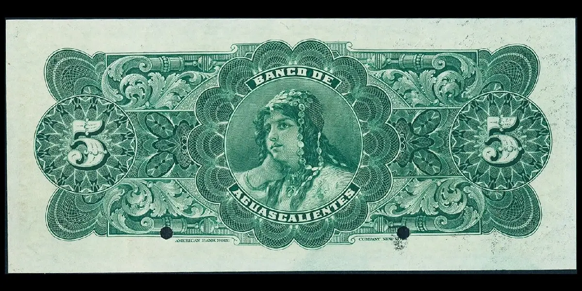 Billete de 5 pesos del Banco de Aguascalientes Serie B especimen reverso