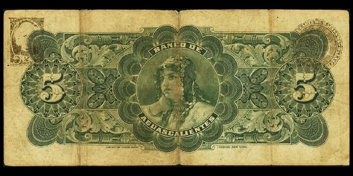 Billete de 5 pesos del Banco de Aguascalientes Serie B reverso