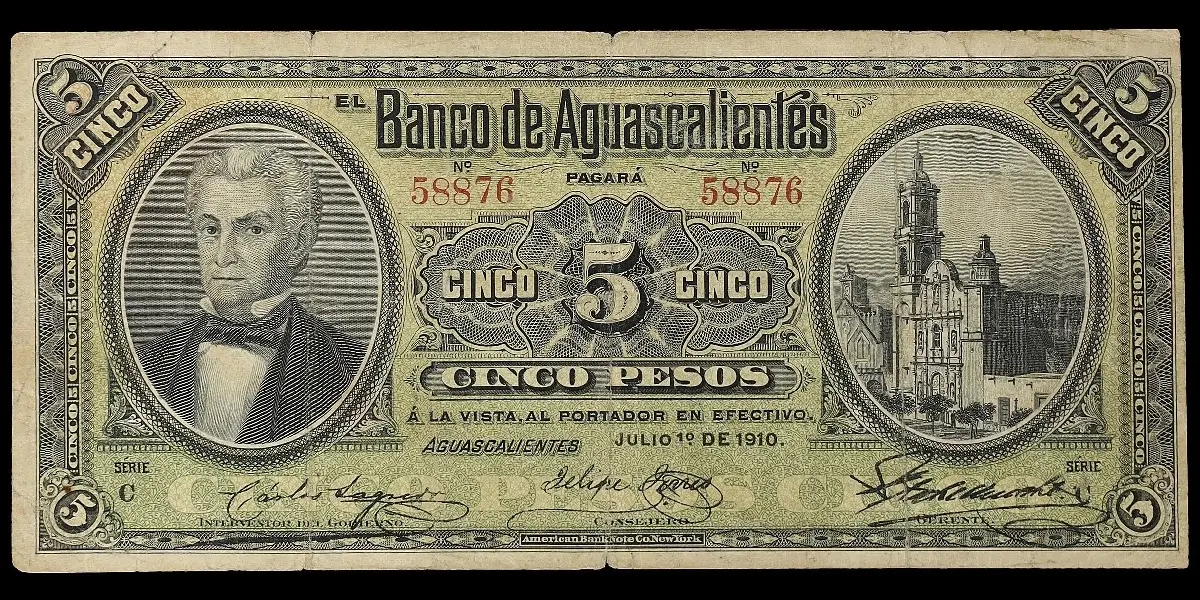 Billete de 5 pesos del Banco de Aguascalientes Serie C anverso