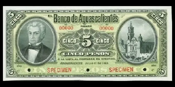 Billete de 5 pesos del Banco de Aguascalientes Serie C especimen anverso