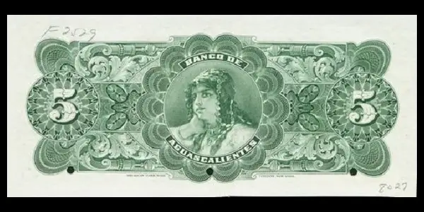 Billete de 5 pesos del Banco de Aguascalientes Serie C especimen reverso