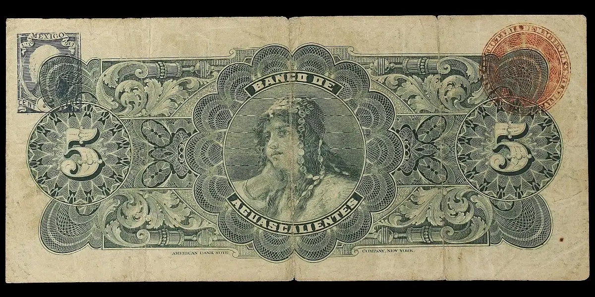 Billete de 5 pesos del Banco de Aguascalientes Serie C reverso