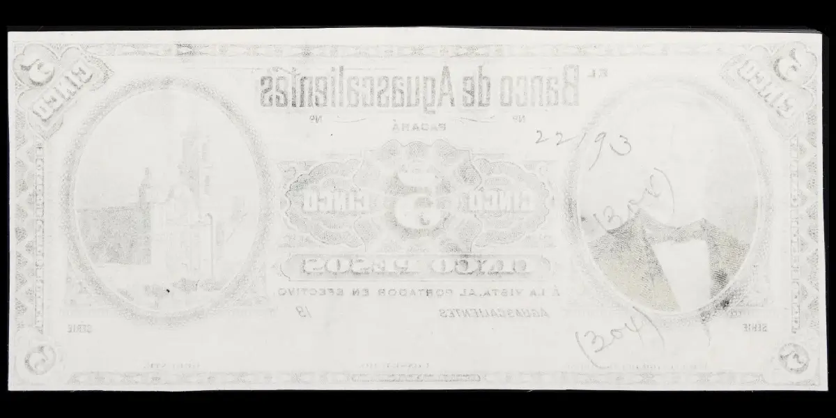 Billete de 5 pesos del Banco de Aguascalientes de prueba unifacial en blanco y negro anverso liso