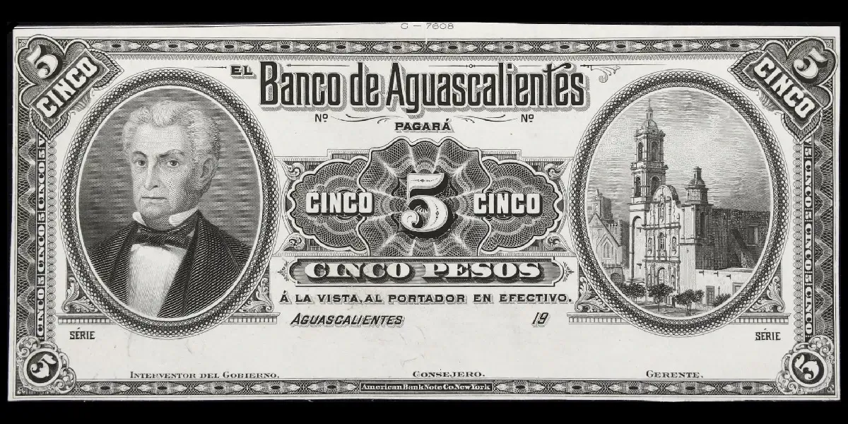 Billete de 5 pesos del Banco de Aguascalientes de prueba unifacial en blanco y negro anverso
