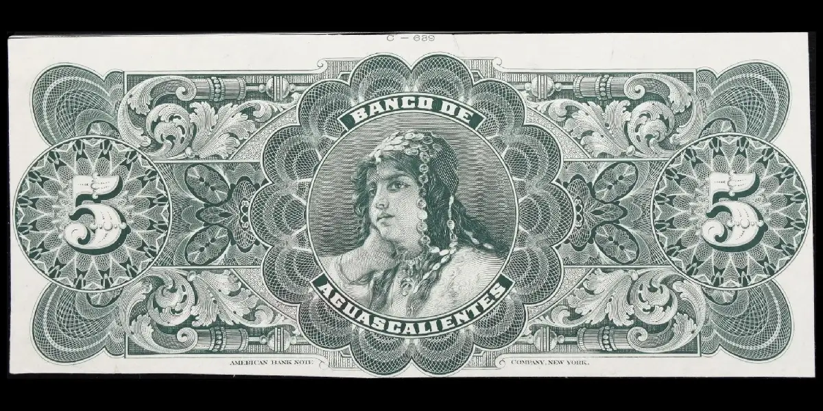 Billete de 5 pesos del Banco de Aguascalientes de prueba unifacial en blanco y negro reverso