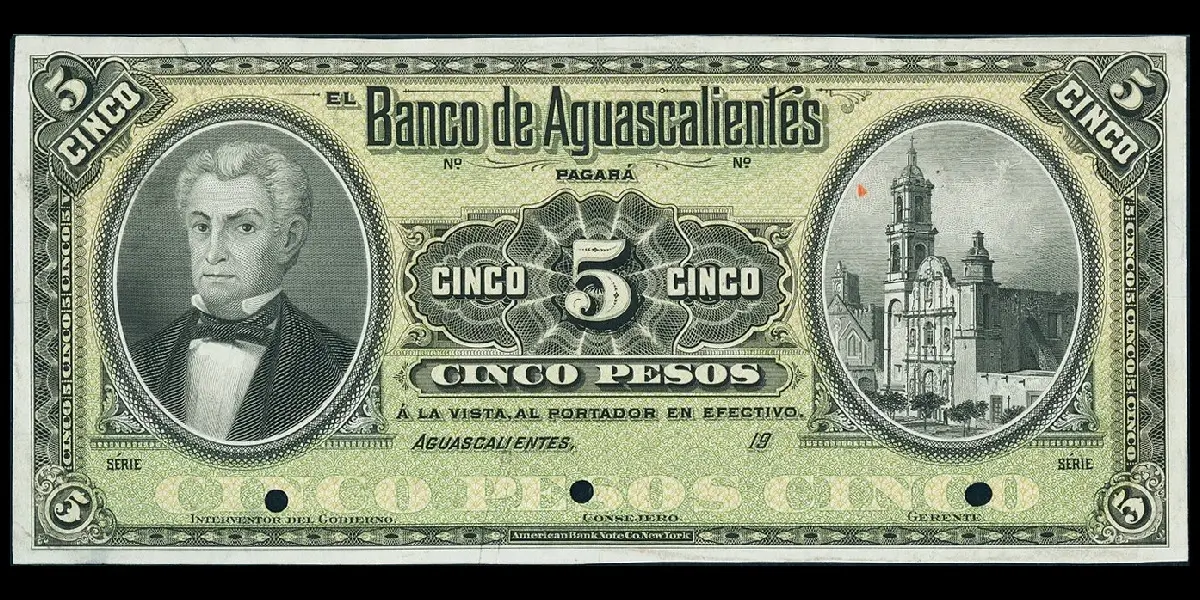 Billete de 5 pesos del Banco de Aguascalientes