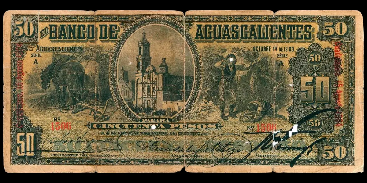 Billete de 50 pesos del Banco de Aguascalientes Serie A con sobreimpresión roja Guadalajara anverso