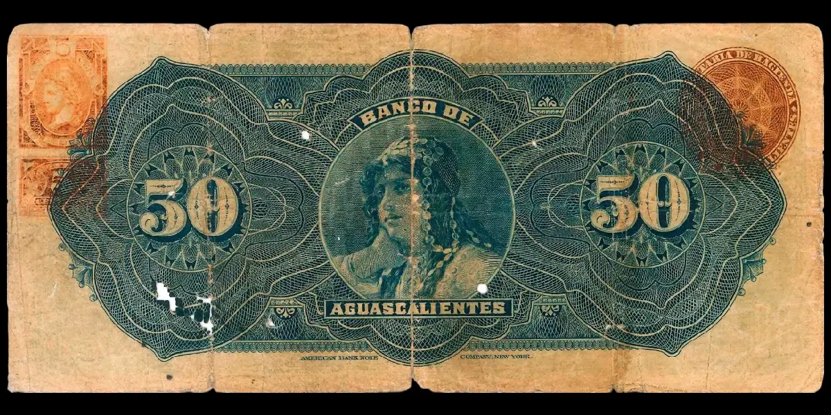 Billete de 50 pesos del Banco de Aguascalientes Serie A con sobreimpresión roja Guadalajara reverso