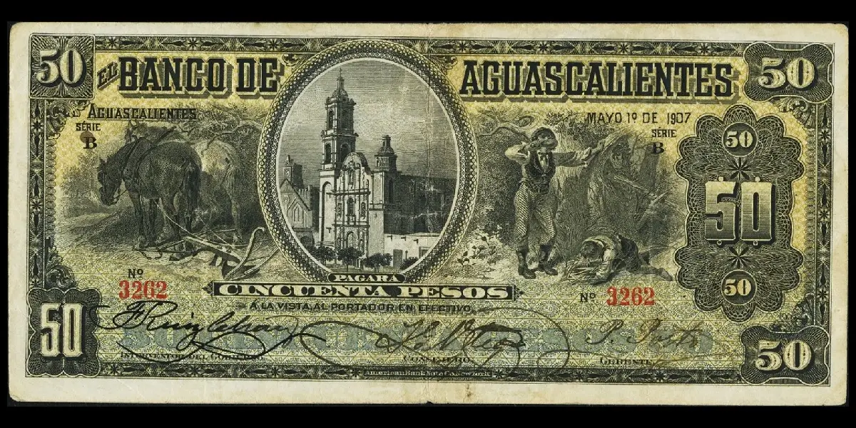 Billete de 50 pesos del Banco de Aguascalientes Serie B anverso