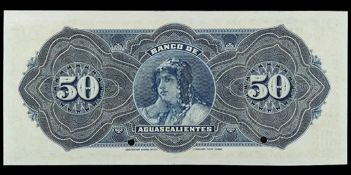 Billete de 50 pesos del Banco de Aguascalientes Serie B especimen reverso