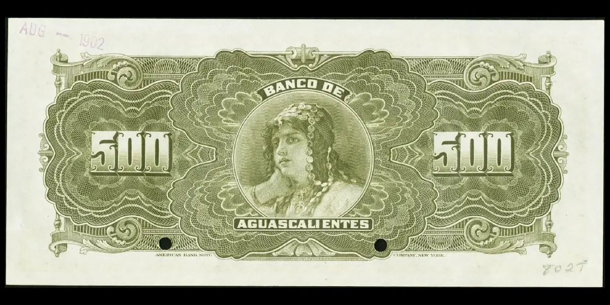 Billete de 500 pesos del Banco de Aguascalientes Serie A especimen reverso