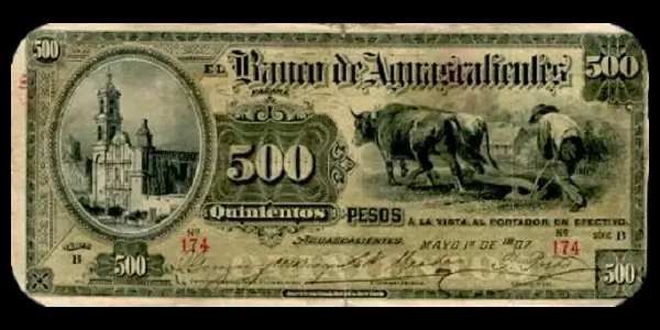 Billete de 500 pesos del Banco de Aguascalientes Serie B anverso
