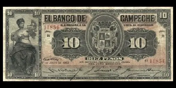 Billete de 10 pesos del Banco de Campeche anverso
