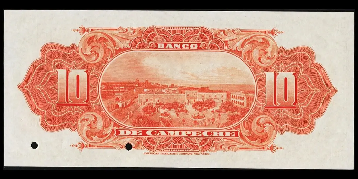Billete de 10 pesos del Banco de Campeche espécimen reverso