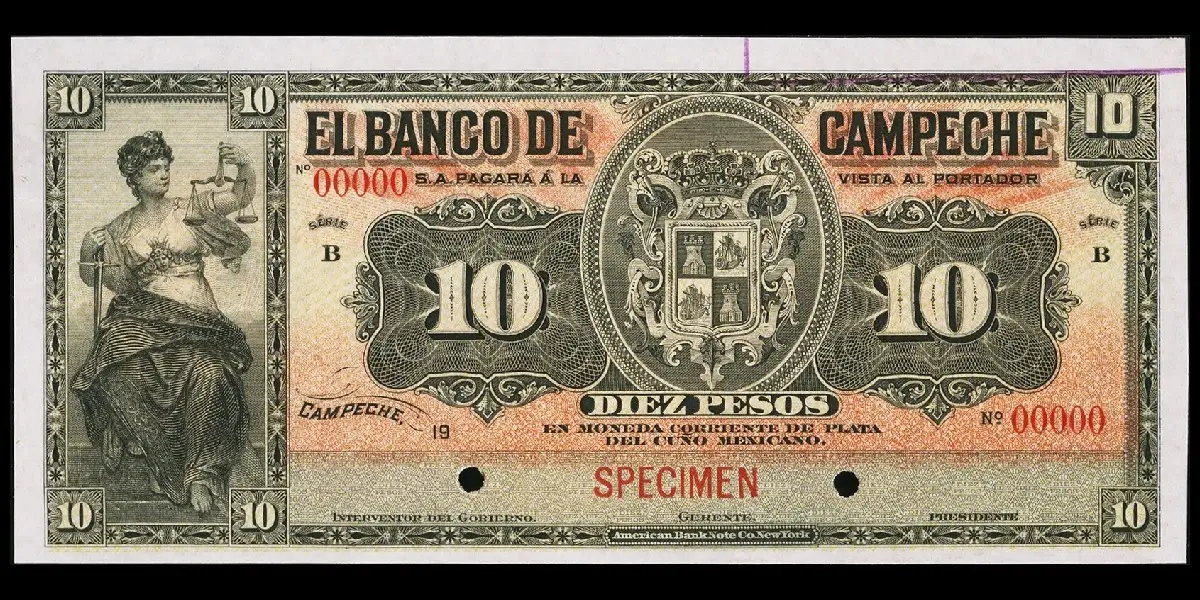 Billete de 10 pesos del Banco de Campeche espécimen con Serie B anverso