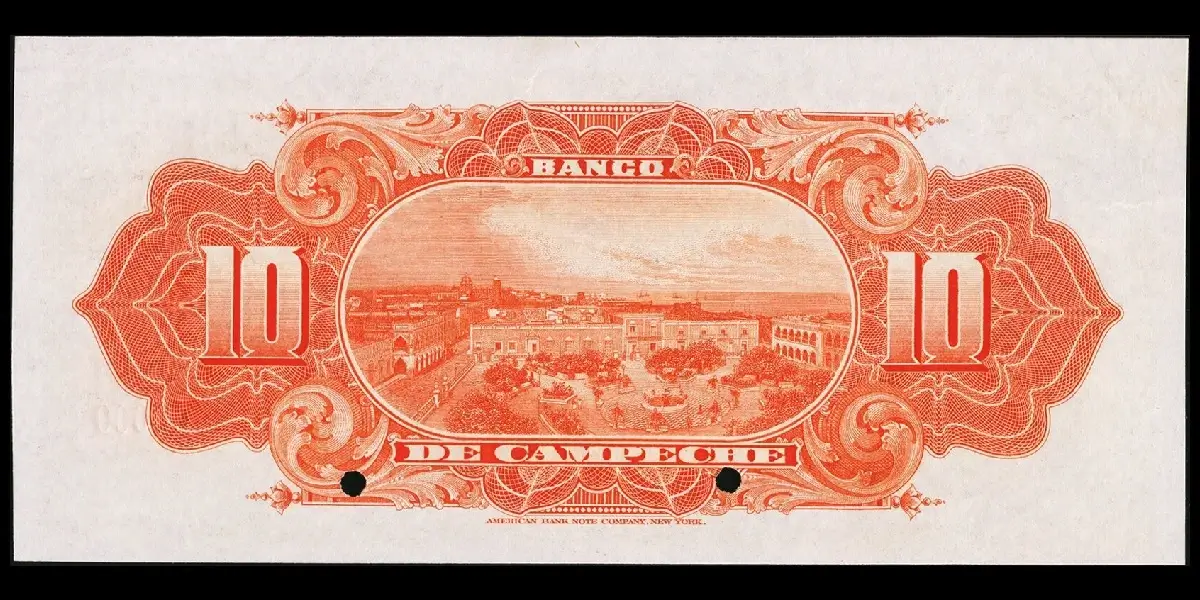 Billete de 10 pesos del Banco de Campeche espécimen con Serie B reverso
