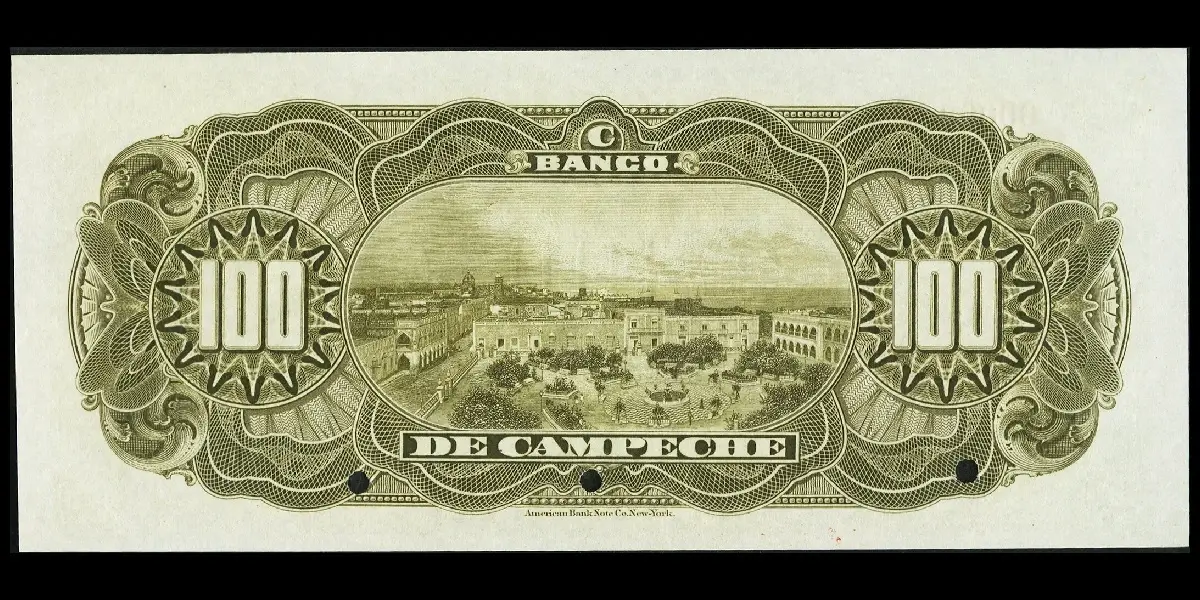 Billete de 100 pesos del Banco de Campeche muestra espécimen reverso