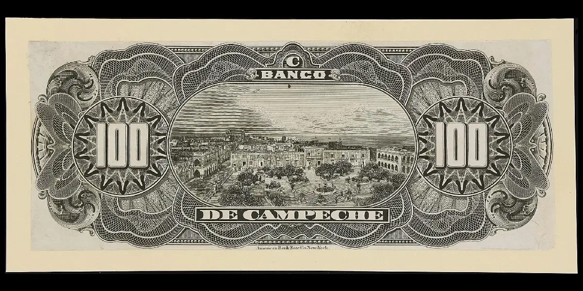 Billete de 100 pesos del Banco de Campeche de prueba unifacial en blanco y negro reverso