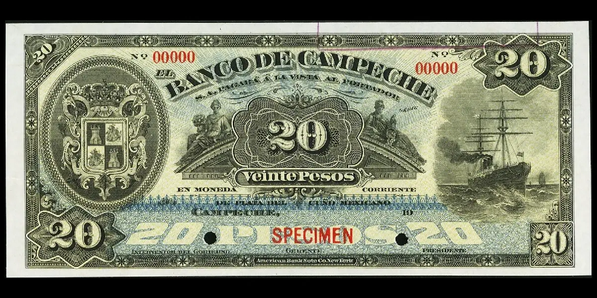 Billete de 20 pesos del Banco de Campeche espécimen anverso