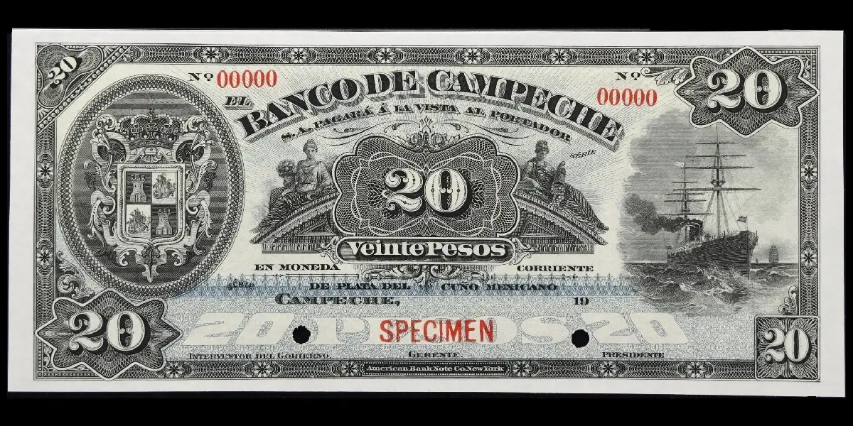 Billete de 20 pesos del Banco de Campeche especimen en blanco y negro anverso